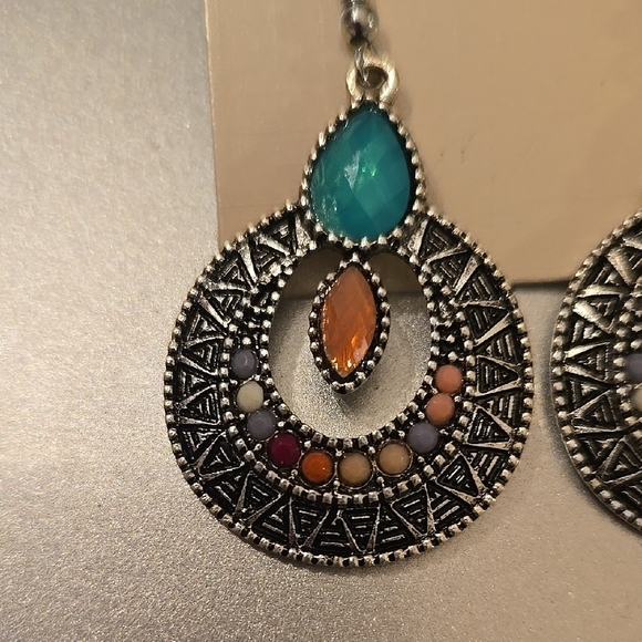 Silver and Blue Teardrop Earrings with Filigree Design - Picture 4 of 5